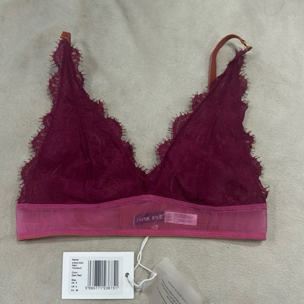 Lace Triangle Bralette in Deep Red with Pink Band